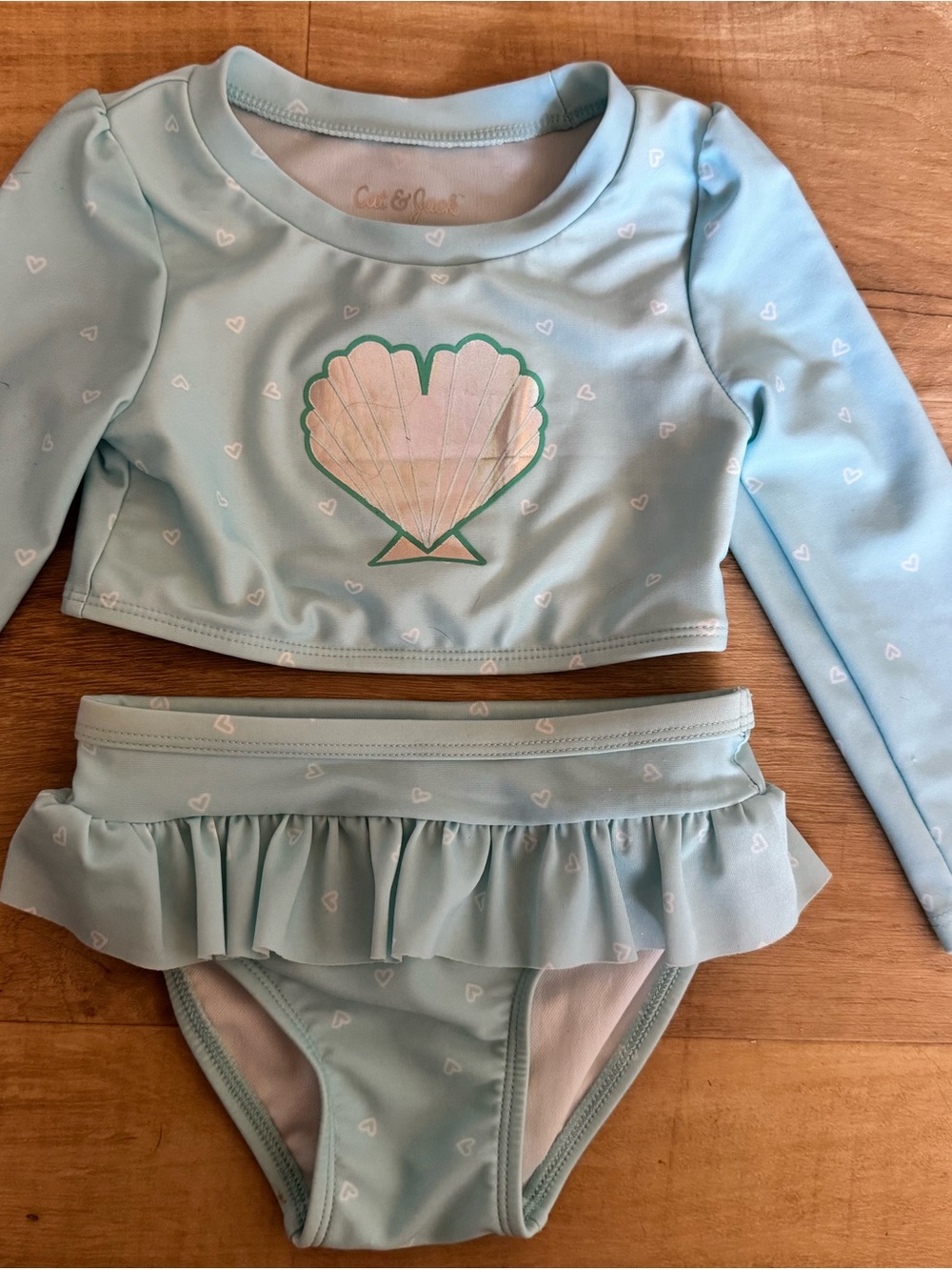 Cat & Jack Light Blue Girls' Long-Sleeve Rashguard Swim Set with Shell Graphic